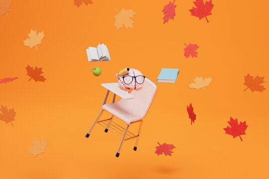 the concept of homeschooling. a brain with glasses and a pencil, books and leaves flying apart. 3D render