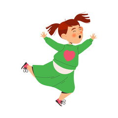 Playful Little Girl with Ponytails Running and Shouting with Raised Hands Enjoying Summer Vector Illustration