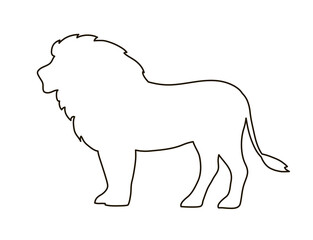Lion with a mane. Black line silhouette. Big cat hunter. Predatory animal mammal of Africa. King lion. Fauna and zoology. Design template for label, sign, logo. Vector illustration on white background