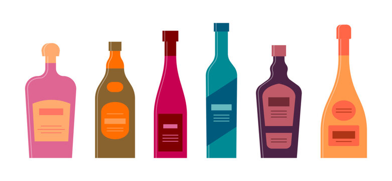 Set bottle of tequila whiskey wine vodka liquor champagne in row. Icon bottle with cap and label. Graphic design for any purposes. Flat style. Color form. Party drink concept. Simple image shape