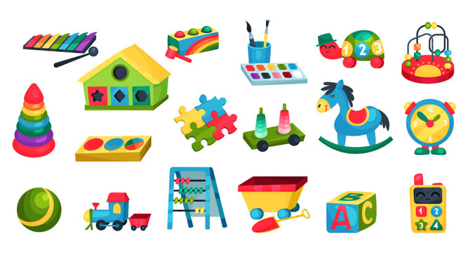 Colorful Kids Toys with Rocking Horse, Ball, Pyramid, Train, Paints and Xylophone Vector Set