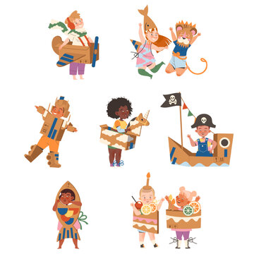 Happy Children in Homemade Cardboard Costume Playing and Having Fun Vector Set