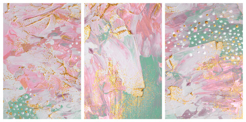 Art acrylic and oil smear blot painting. Interior abstract triptych wall. Beige, pink and gold color canvas texture stain brushstroke background.