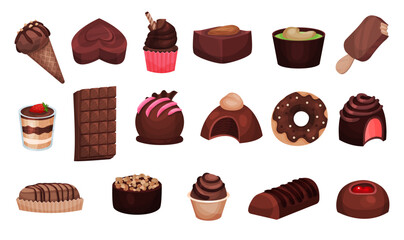 Brown Chocolate Desserts with Sweets, Cupcake, Ice Cream and Donut Vector Big Set