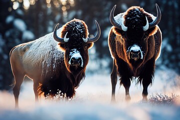 Two bisons on snowy winter landscape. Front view. 3d illustration. - obrazy, fototapety, plakaty