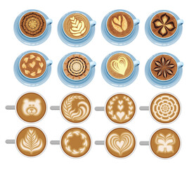 Fototapeta Latte Art with Coffee Cup on Saucer with Milk Foam Drawing Big Vector Set obraz