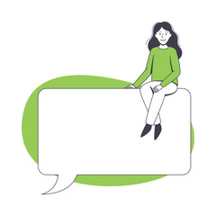 Communication Speech Bubble with Woman Character Sitting on It Vector Illustration