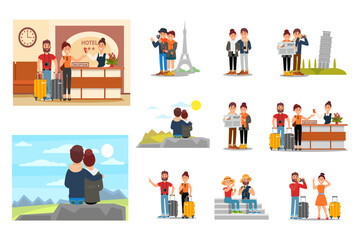 Happy Couple on Vacation Travelling Together at Hotel Reception with Map, Suitcase and Camera Vector Set
