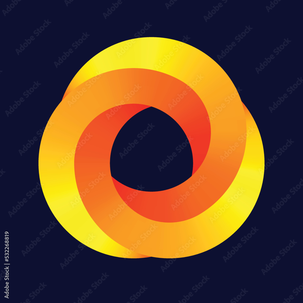 Poster three circles in impossible figure. complexity geometric illusion in orange colors.