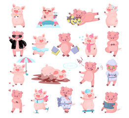 Funny Pink Pig Character Engaged in Different Activity Big Vector Set