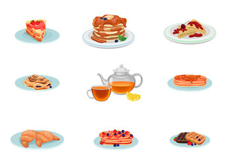 Dessert and Pastry with Pancake, Croissant, Waffle and Herbal Tea in Teapot Big Vector Set
