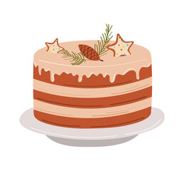 Christmas cake. Christmas food vector desserts holiday decoration. Traditional food festive winter cake homemade x-mas party.