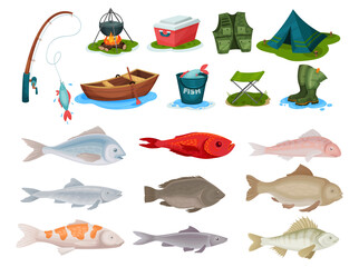 Fishing Equipment with Rod, Boat, Chair, Tent, Vest, Boots and Bucket Big Vector Set