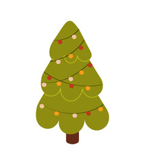 Christmas tree. Evergreen tree with decorations. Christmas and New Year celebration concept. Cartoon style, colorful drawing.