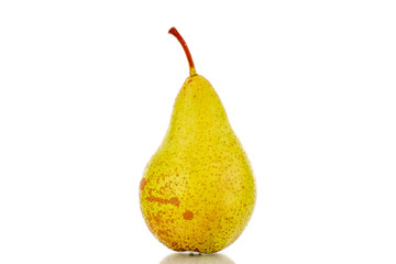 One juicy green pear, macro, isolated on a white background.