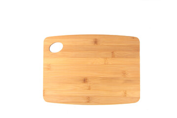 kitchen utensils concept - wooden cutting board isolated on white background flat lay