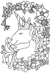Coloring page. Unicorn with flowers and leaves frame. Coloring book for kids, adults. Hand drawn vector illustration