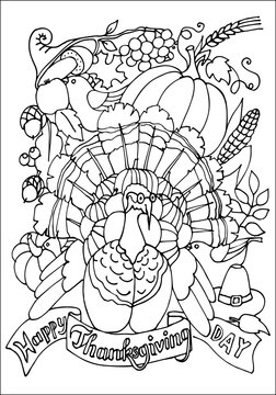 Coloring page. Happy thanksgiving day. Thanksgiving turkey, autumn harvest from the horn of plenty. Coloring book for kids, adults. Hand drawn Vector illustration