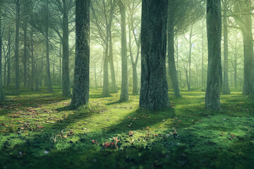 Obraz premium beautiful magic forest in the sunny foggy view.