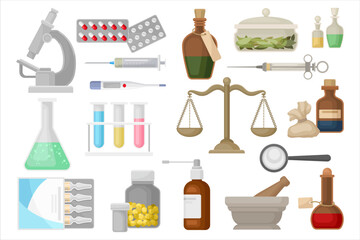 Medicine and Ancient Apothecary with Pills, Flask, Mixture Jar, Scales, Syringe and Microscope Big Vector Set