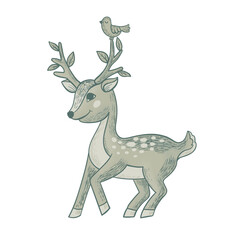 Cute deer in scandinavian style. Funny forest animal. Deer with a bird on the horns. Character doe for children's test. Vector illustration.