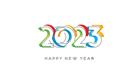 2023 Happy New Year modern trendy line design numbers with abstract colorful shapes on white isolated background