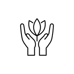 Isolated black outline icon of plant in hands on white background. Line icon of leaf and hands. Symbol of care, protection, charity. eps 10