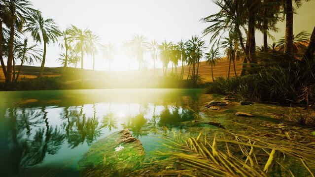 Colorful scene with a palm tree over a small pond in a desert oasis