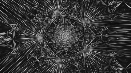 3d rendering image of illuminated geometric shapes in pattern looking like kaleidoscope.