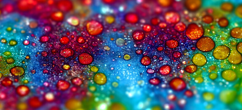A close up of a colorful background with water drops.  Great for composition and design background. Colourful paint, glitter, oil, water textured wallpaper. Macro. render .