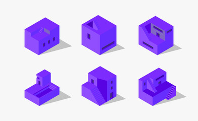 3D isometric of purple cube building collection set isolated on white