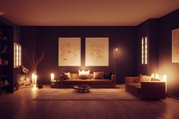 A cozy living room. Warm lighting, architectural visualization