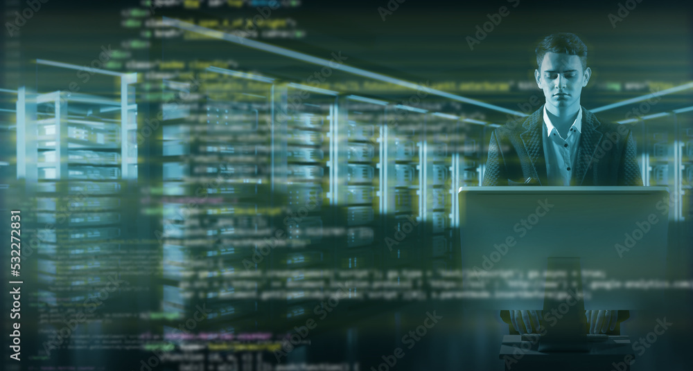 Poster system administrator. man stands in front of computer. system administrator among server hardware. m