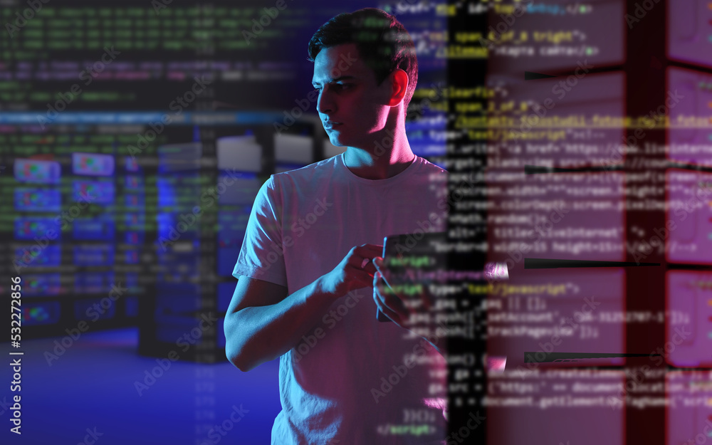 Poster data science. man data science specialist. guy with tablet works in it. data science specialist is h