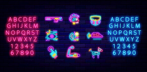 Cyberpunk neon icons collection. Weapon and robotic arm. Shiny pink and blue alphabet. Vector stock illustration
