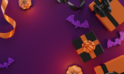 Top view Halloween concept. Decorations, pumpkins on purple background. Halloween party greeting card, Poster, headers for website mockup with copy space. 3d render.