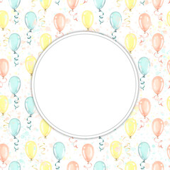 Multicolored balloons on a white, a blank for a postcard. Watercolor illustration. A template from a large set of HAPPY BIRTHDAY. For registration and design of invitations, gift certificates.