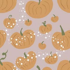 pattern, illustration in a square format, a lot of autumn orange pumpkins on a beige background, a magical white glow hovers around