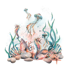 The seabed with corals, shells, algae, pebbles, starfish, jellyfish and seahorses. Watercolor illustration. Composition for the decoration and design of the beach, menus, postcards, posters.