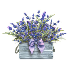 Flowers and sprigs of lavender, a bouquet in a gray wooden box decorated with a satin bow. Watercolor illustration. The composition of a large set of LAVENDER SPA. For decoration and design.
