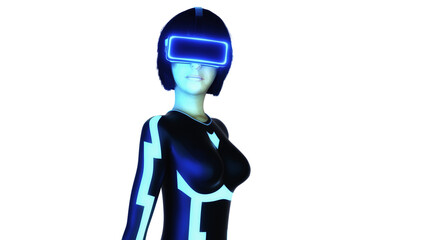 A young woman wearing a virtual reality headset against a transparent background