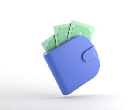 Blue wallet with banknotes on white background. Online payment, finance, mobile banking concept. 3d render illustration