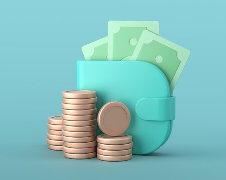 Green wallet with coins and cash. Online payment, finance, mobile banking concept. 3d render illustration
