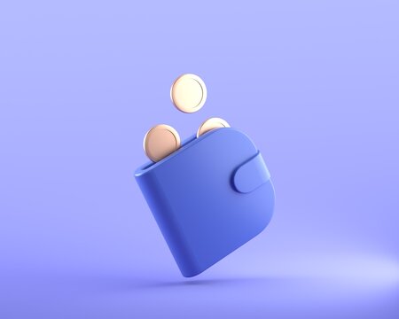 Coin falling into wallet floating on blue background. Online payment, mobile banking. 3D render