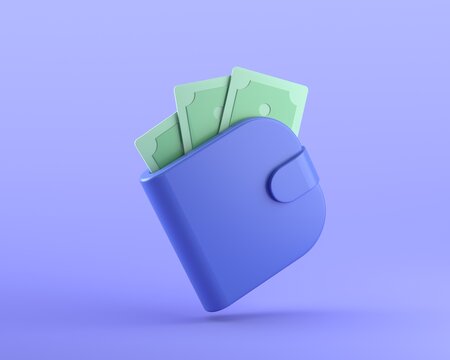 Blue wallet with banknotes on blue background. Online payment, finance, mobile banking concept. 3d render illustration