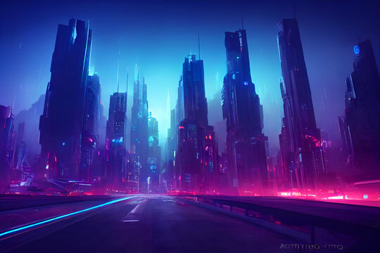 A Digital Illustration of a  futuristic, cyberpunk city with skylines. Neon lights. Illustration of a modern cityscape. Dystopic urban wallpaper. Landscape background