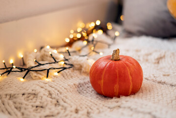 Autumn still life. Pumpkin on white knitted plaid with garland - halloween home decor, concept of...