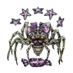 Halloween hand drawn watercolor spiders with stars, candy and bow for menus, stickers, greeting cards,  banners,  party decorations, patterns, postcards. Elements isolated on white background.