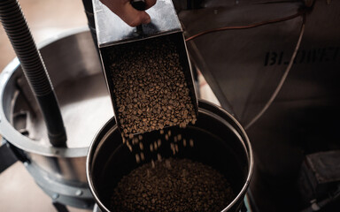 Freshly Roasted Coffee Beans Getting Poured into Bucket