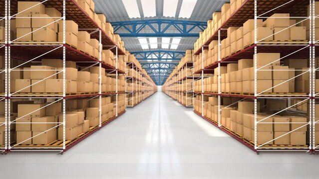 The span of the camera in a large warehouse. Boxes with parcels of the marketplace. Bright clean distribution center.